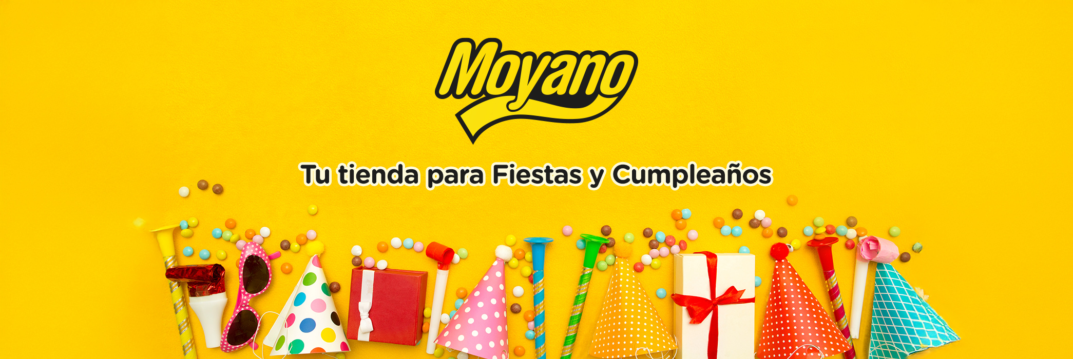 Moyano - Tienda especializada en artículos para fiestas y cumpleaños, decoración colorida con confeti, globos, y accesorios de fiesta